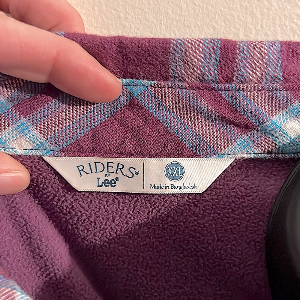 LEE RIDERS 🥾 THICK COTTON FAUX FLEECE SHERPA LINED PURPLE/BLUE PLAID SHIRT XXL - Picture 8 of 9